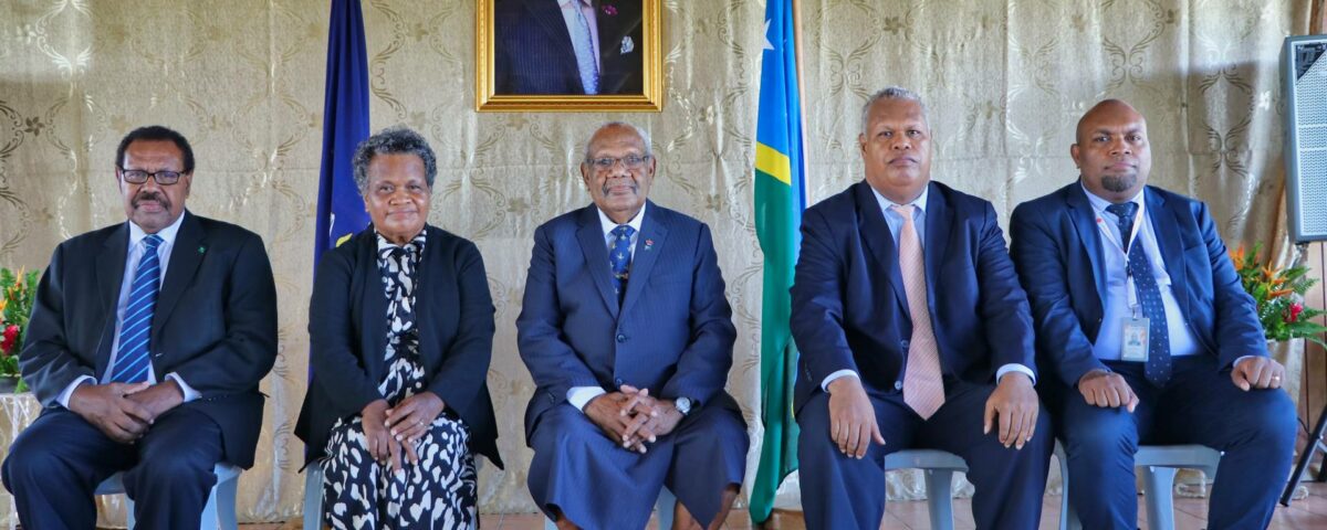 Acting Governor General Honourable Patteson Oti (center) pose for photograph with SIEC Commissioners and Chief Electoral Officer (Right end) at the Government House after the proclamation yesterday